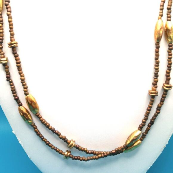 Chico's Long Beaded Necklace, Natural and Gold Tone Beads, 47 Inches, Layering - Picture 4 of 10